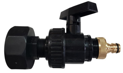 Anschluss-Stutzen DN50 S60x6 mit Hahn 1" BSP 32mm auf Gardena 12,5mm kompatiblen Schnellverbinder Anschluss-Stutzen DN50 S60x6 mit Hahn 1" BSP 32mm auf Gardena 12,5mm kompatiblen Schnellverbinder