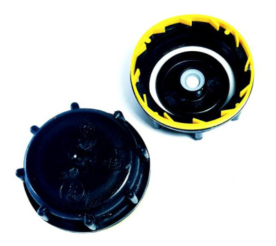 Kanisterverschluss DIN50 K61 S60x6 schwarz  -  VLIES-ENTGASUNG D15 /  Entlüftung und Einmal-Sicherungsring (gelb)